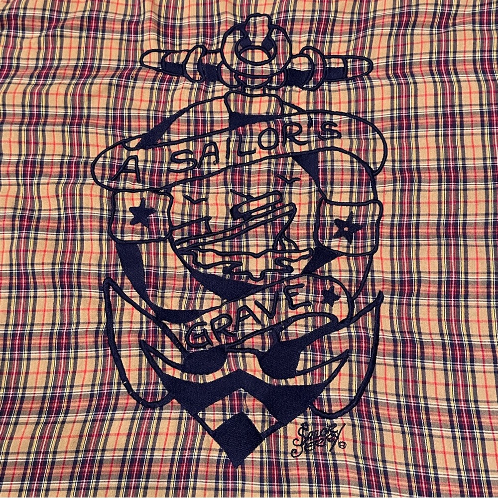 Sailor Jerry Men’s Short Sleeve Button Down Plaid Anchor Embroidered Size M RARE